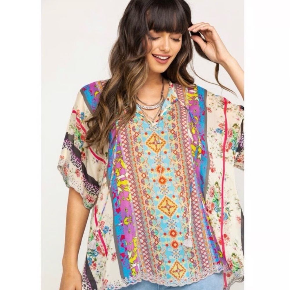 Johnny Was Boho Tunic Top Dolman Sleeve Lace Trim Tassel Medium Multicolor